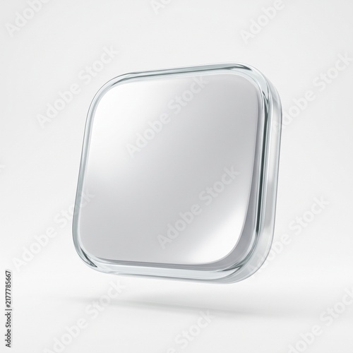 Blank glossy glass glassmorphism square button frame mock-up isolated on white background.