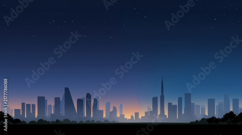 City skyline silhouette under a starry night sky with glowing urban lights on the horizon