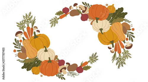 Harvest autumn wreath illustration featuring colorful pumpkins, squash, and fresh garden vegetables