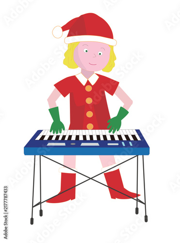クリスマスを祝って電子ピアノを演奏するサンタクロース。