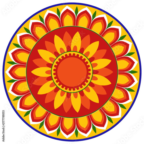 circular floral mandala design features concentric layers of stylized yellow and orange petals surrounded by green leaf accents, framed within a bold blue outer ring.colorful pookalam ilustration