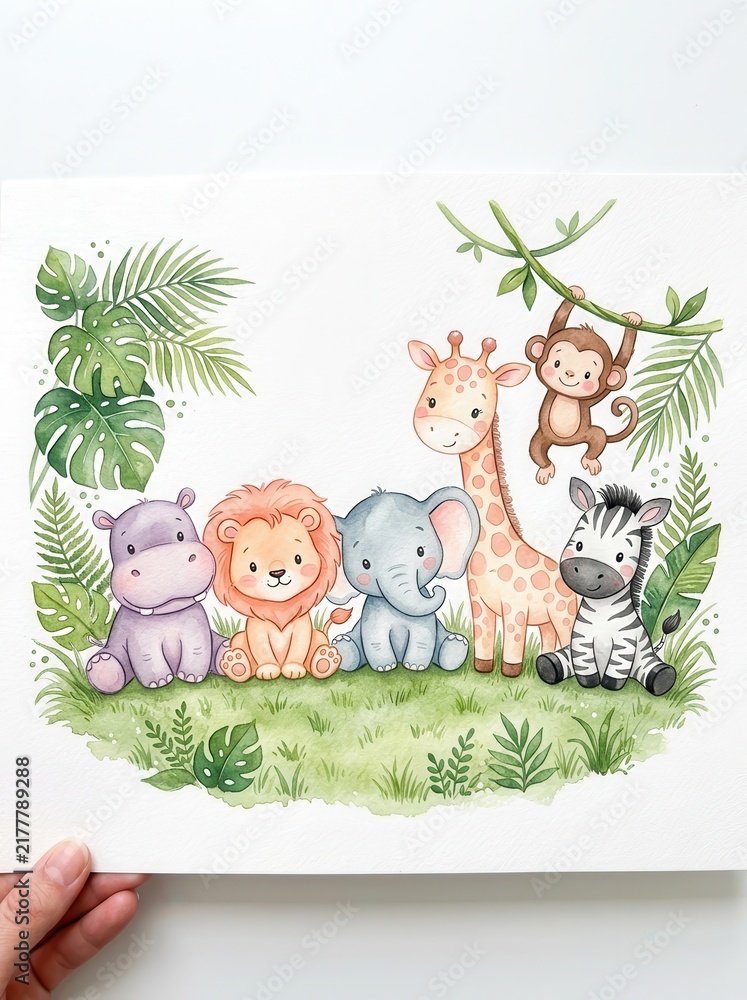 Fototapeta premium Cute Watercolor Safari Animals Illustration with Lion, Elephant, Giraffe, Zebra, Hippo and Monkey in Jungle