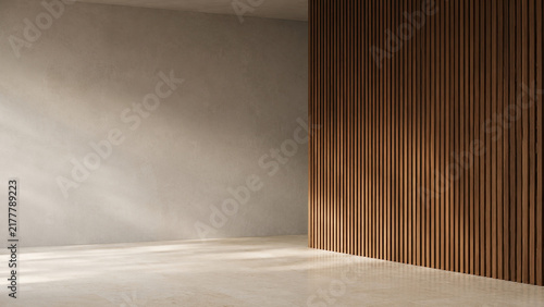 Minimalist walnut slat wall architectural background with clean copy space