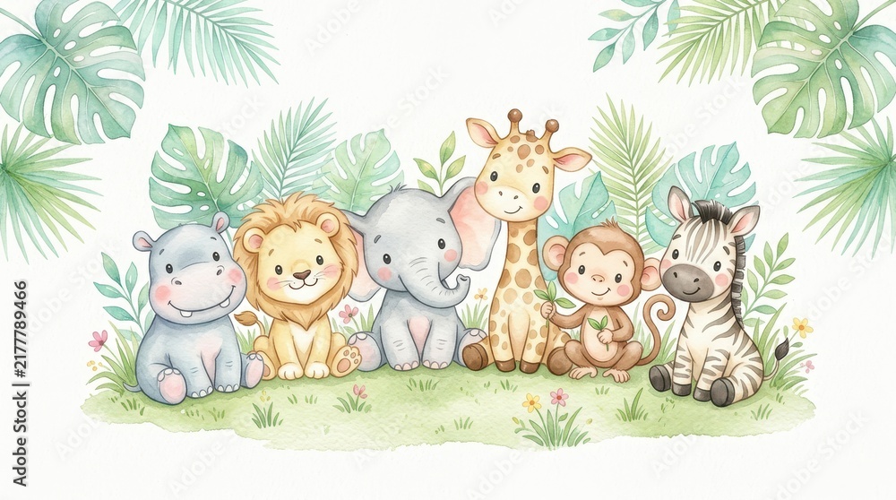 Fototapeta premium Watercolor Safari Animals Illustration for Nursery Decor - Cute Lion, Elephant, Giraffe, Zebra, Hippo, and Monkey