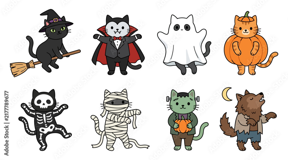 Obraz premium Set of cute cartoon cats in various Halloween costumes and spooky outfits.