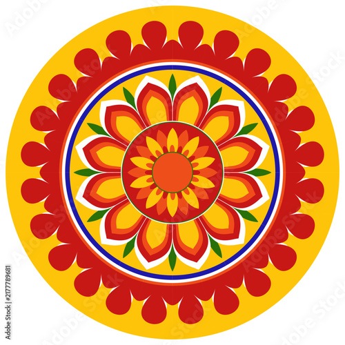 circular floral mandala design features concentric layers of stylized yellow and orange petals surrounded by green leaf accents, framed within a bold blue outer ring.colorful pookalam ilustration
