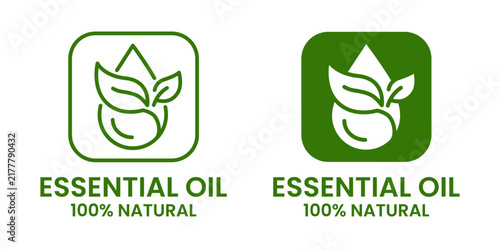 Essential oil 100% natural icon set for beauty skincare product, spa, wellness, fragrance, shampoo, moisturizer, label, logo, badge, circle, green, symbol, line, flat vector, isolated illustration.