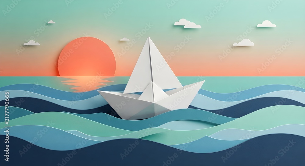 Naklejka premium A handcrafted paper origami boat sails across layered paper waves during a pastel sunset with a big orange sun and tiny paper clouds in the sky.