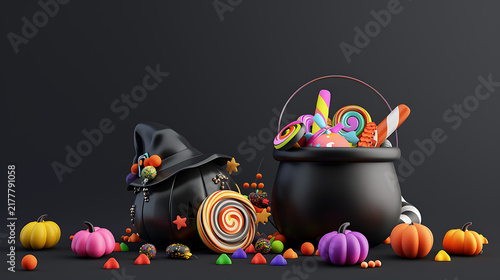 3D Rendered Halloween Candy Cauldron and Witch Pumpkin with Dark Copy Space for Trick or Treat Promo Poster