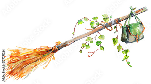 Isolated Watercolor Whimsical Magic Broom and Green Satchel Illustration for Occult Halloween Greeting Card Design
