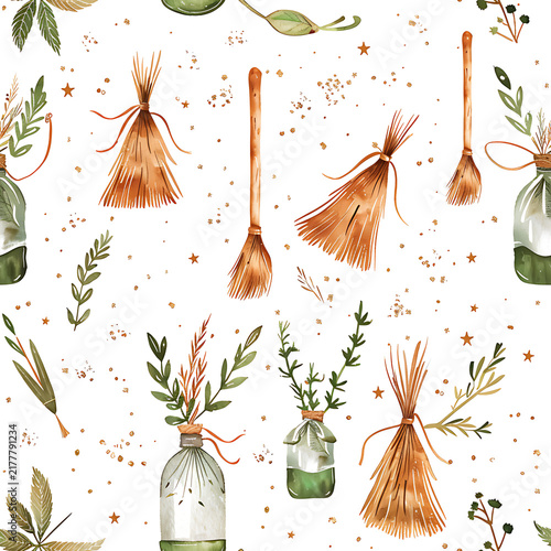 Charming Watercolor Magic Broom and Herb Potion Seamless Pattern for Mystical Halloween Gift Wrapping Paper