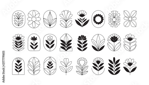 Collection of Minimalist Floral Icons, Scandinavian Style Flowers, Vector Design Elements, Isolated on Transparent Background