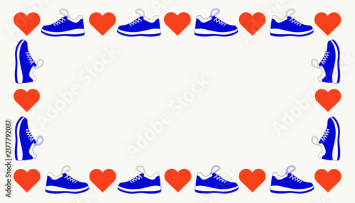 blue sneakers and red hearts border frame