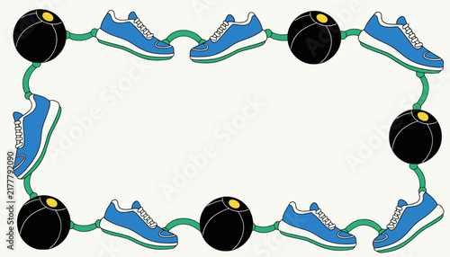 blue sneakers and black balls connected by green cord