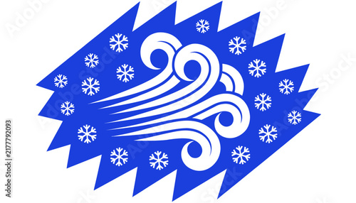 blue snowflake icon with swirling wind and snowflakes