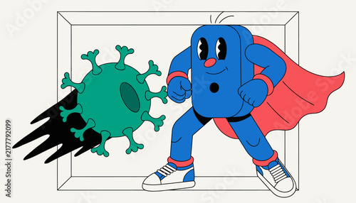 blue superhero fighting green virus cartoon