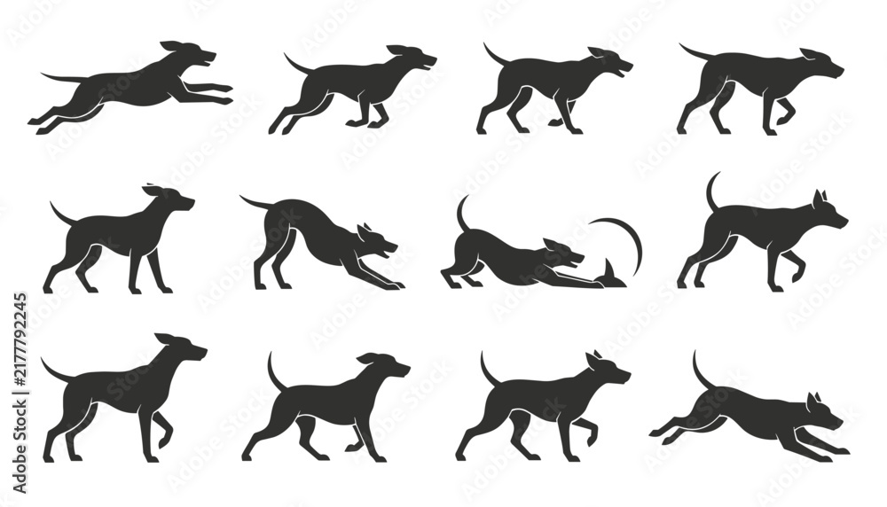 Obraz premium Silhouette sequence showing twelve phases of domestic dog running and jumping motion isolated on white background.