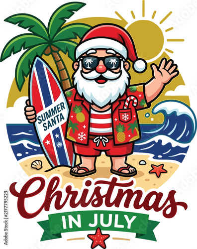 Принти на полотні Santa claus character with surfboard stands on beach a colorful vector illustrat