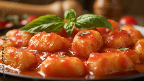 Delicious Italian Potato Gnocchi Served in Rich Tomato Sauce with Fresh Basil Garnish on a Dark Plate, Close-up of Traditional Italian Comfort Food
