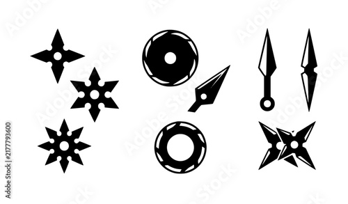 Minimal Japanese shuriken throwing star and blade silhouette vector icon set