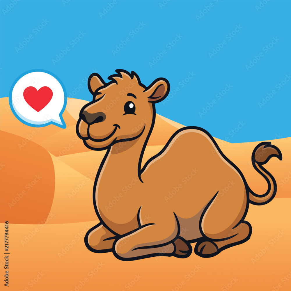 Obraz premium Cute Camel in Desert: A charming cartoon camel with a speech bubble containing a red heart rests on sand dunes under a blue sky, showcasing a delightful desert scene.