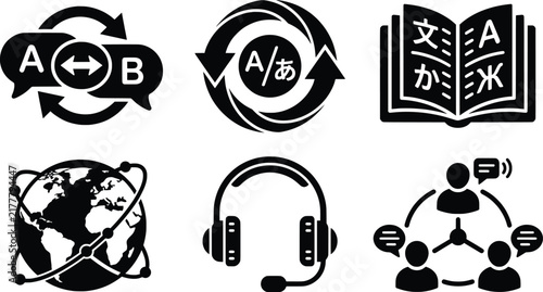 Quadro su tela Language translation icons set, black flat vector symbols for global communicati