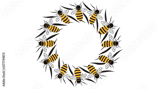 Circular Wreath of Cartoon Bees and Leaves on White Background, Bee Swarm Circle, Honeybee Illustration