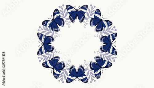 Circular wreath of dark blue butterflies and floral elements on a light background. Elegant, decorative, nature-inspired design.
