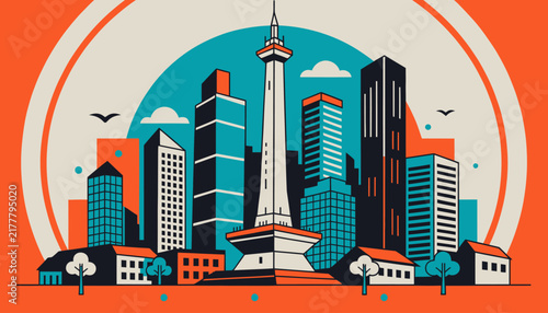 city skyline with tower and buildings