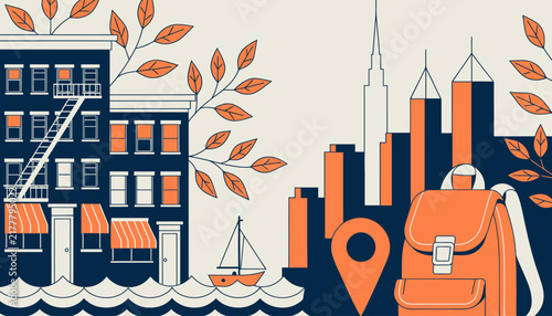 city skyline with sailboat and backpack