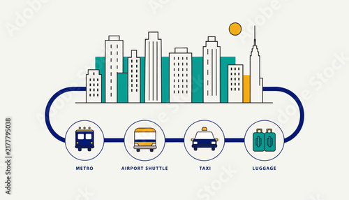 city travel transportation icons, metro, airport shuttle, taxi, luggage