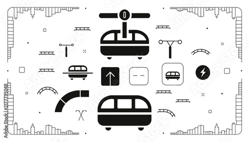 city transportation icons, cable car, tram, and trolleybus symbols