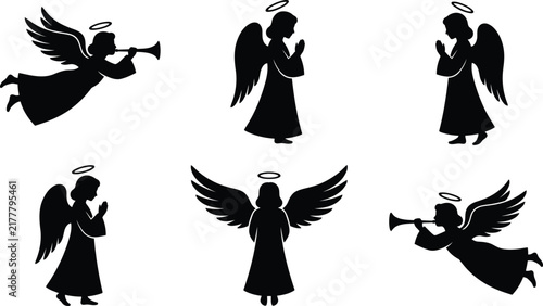 Fotografie Black silhouettes of winged angels playing trumpets and in prayerful poses again