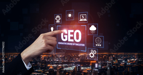 Картината върху платно Hand Pointing at Digital Interface Displaying Generative Engine Optimization Concept with Cityscape Background and Futuristic Icons Fluxor