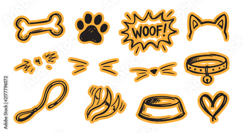 Hand drawn pet themed doodle stickers set with dog and cat accessories and icons