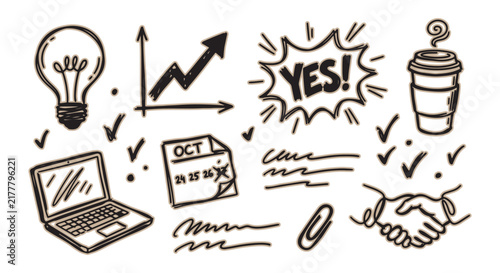 Hand drawn business icons set with laptop, growth chart, lightbulb and handshake sketch.