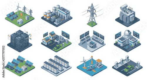 Foto Set of isometric icons representing different types of energy production and infrastructure