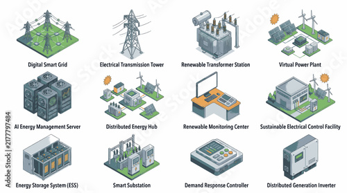 Foto Collection of isometric icons representing smart grid technology and renewable energy systems