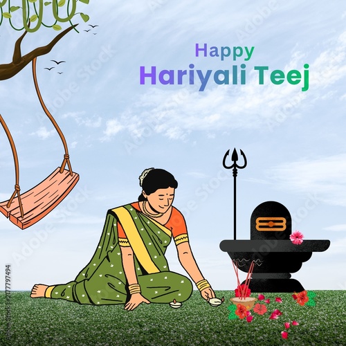 Happy  Hariyali Teej festival greeting poster with light blue sky background and green grass field. Top right gradient text 