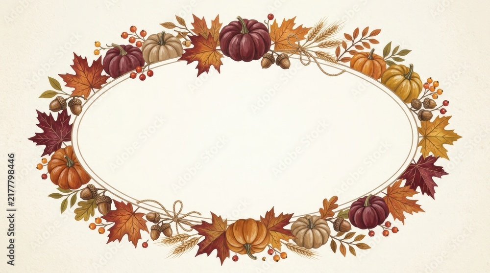 Fototapeta premium Autumn harvest oval frame with pumpkins, maple leaves, acorns, and wheat stalks on a cream background