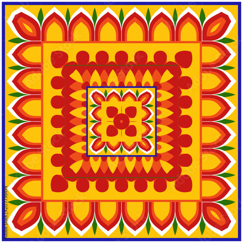 circular floral mandala design features concentric layers of stylized yellow and orange petals surrounded by green leaf accents, framed within a bold blue outer ring.colorful pookalam ilustration
