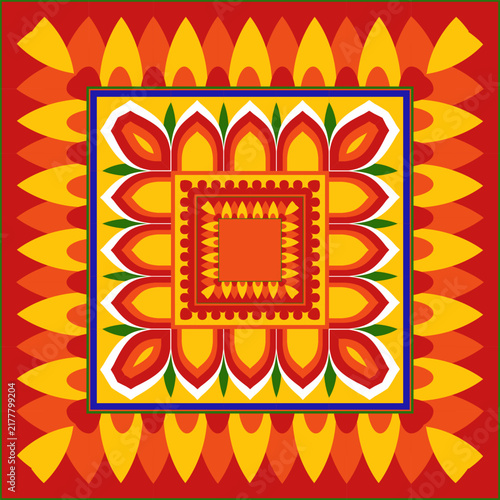 circular floral mandala design features concentric layers of stylized yellow and orange petals surrounded by green leaf accents, framed within a bold blue outer ring.colorful pookalam ilustration