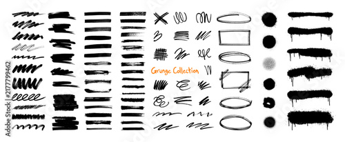 Very nice collection, grunge brush strokes and paint brush set with ink splatter, spray paint drips, grunge marker scribbles, textured lines, dirty ink blobs. Vector strokes and spray textures set