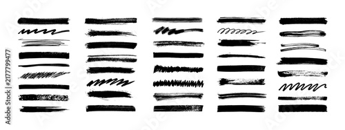 Set of bold dried brush strokes on white background. Hand drawn ink lines, textured paint smears, scribbles and zigzag underlines. Brush strokes, stencil silhouettes. Vector set - acrylic textures