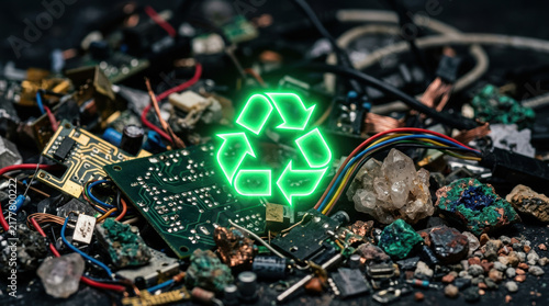 Electronic waste recycling with critical minerals sourcing and crystal heap on circuit board