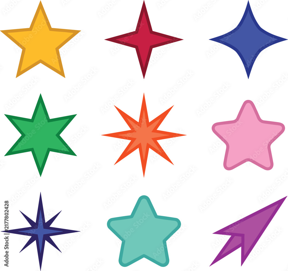 Fototapeta premium Colorful Star Shape Vector Icon Set Featuring Classic Five Point Stars Sparkles Twinkle Elements Four Point Spark and Dart Cursor Graphic Symbols