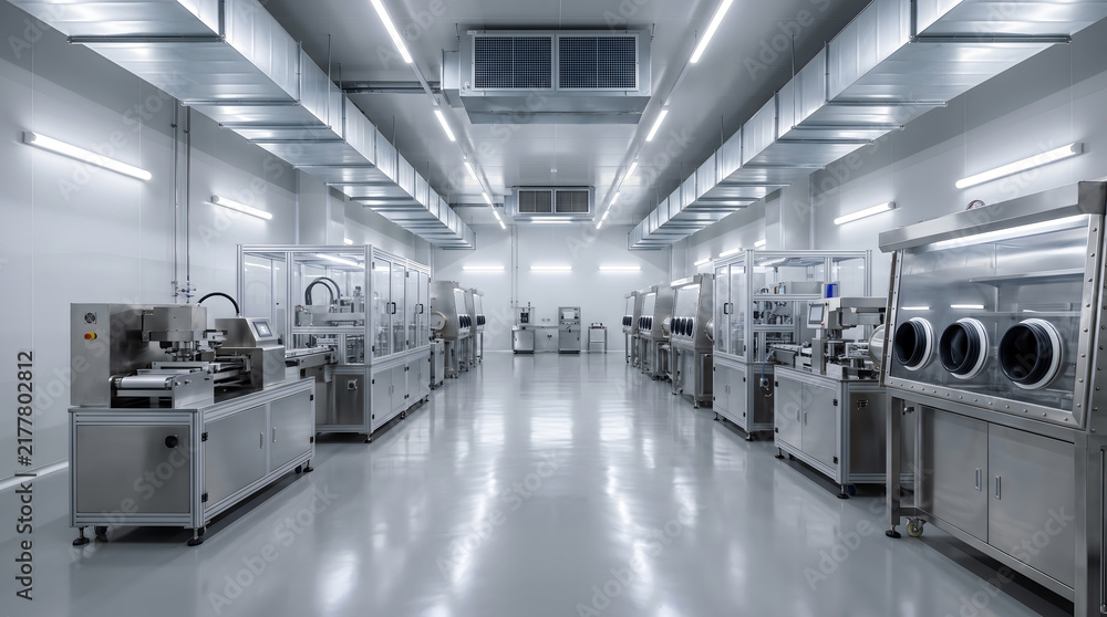 Fototapeta premium Sterile pharmaceutical manufacturing facility with stainless steel machinery, glove boxes, and bright led lighting in a cleanroom environment