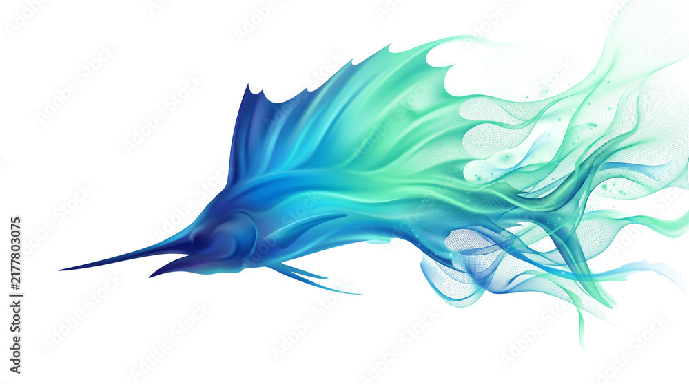 Obraz premium Abstract marlin fish illustration, blue and teal smoke trail swordfish, artistic aquatic animal silhouette on white background
