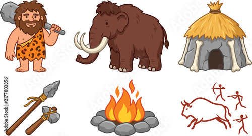 Konstfotografi Prehistoric Stone Age Vector Icon Set Featuring Cartoon Caveman Woolly Mammoth S
