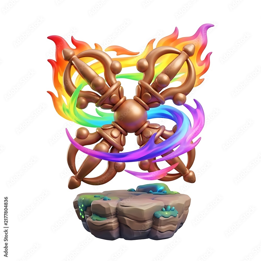Naklejka premium Double vajra dorje symbol with rainbow flames on floating rock